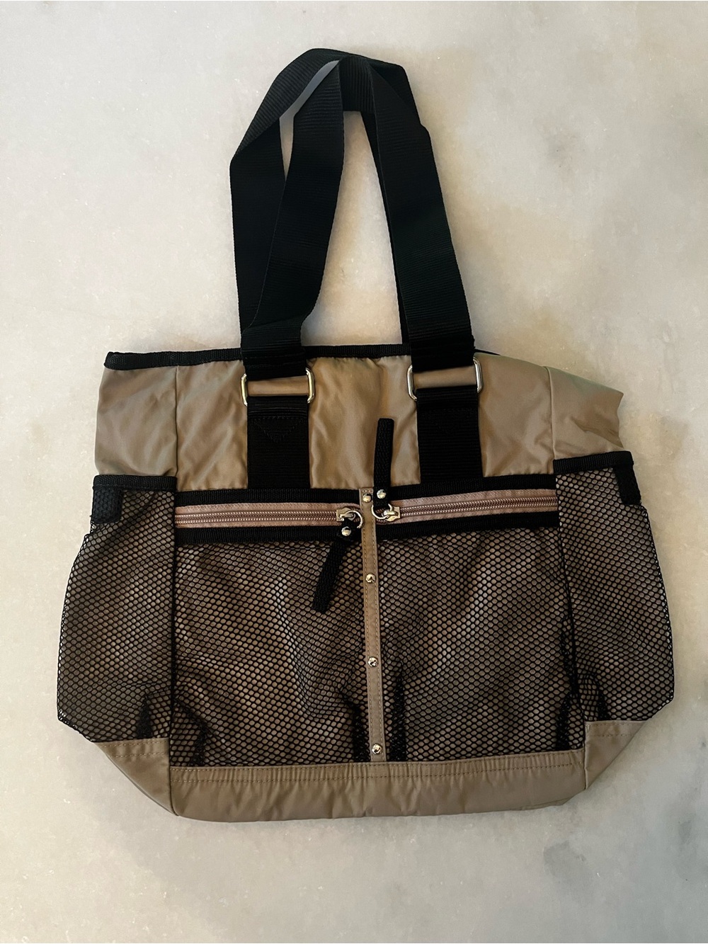 Old Navy Tote Bag Tan Black Mesh Utility Beach Gym Travel Carryall
